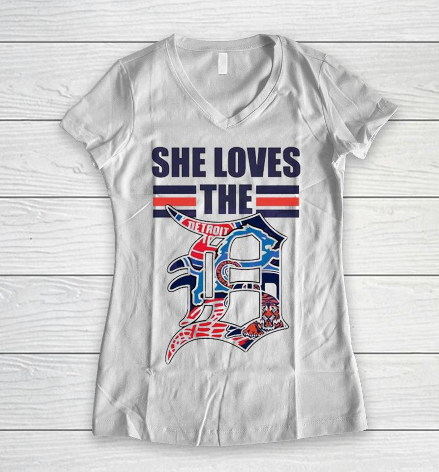 She Loves The D Detroit Baseball Football Women V-Neck T-Shirt