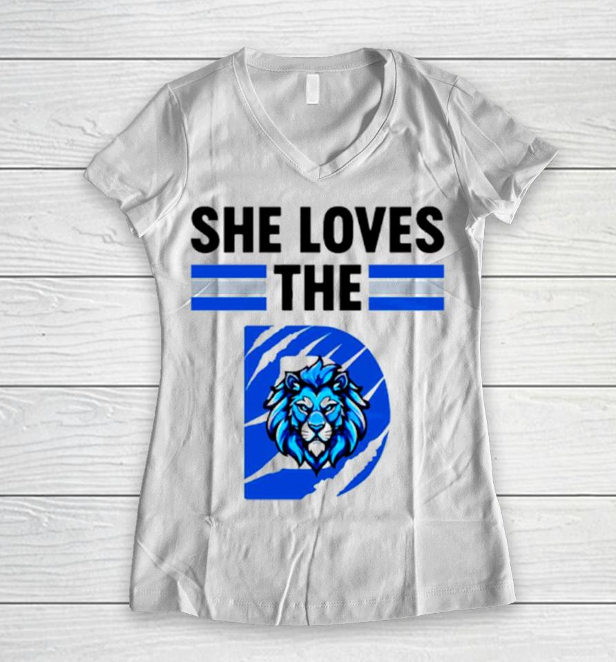 She Loves The Detroit Lions Football Women V-Neck T-Shirt