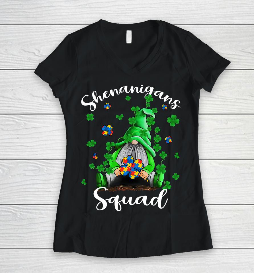 Shenanigans Squad Gnomes Autism St Patrick's Day Women V-Neck T-Shirt