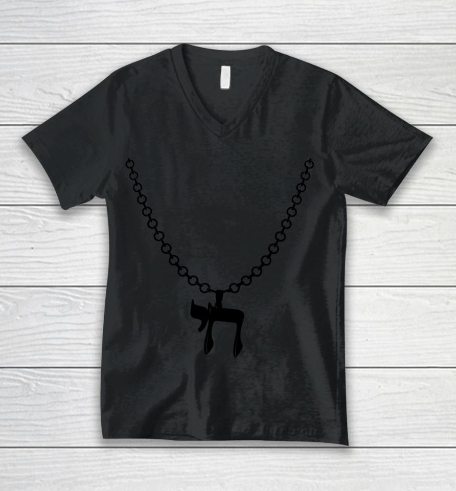 Shloime Zionce Wearing Chai Chain Tee Candle And Strap Shop Chai Chain Unisex V-Neck T-Shirt