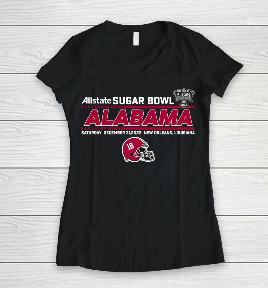 Shop Allstate Sugar Bowl 2022 Alabama Team Helmet Fleece Women V-Neck T-Shirt