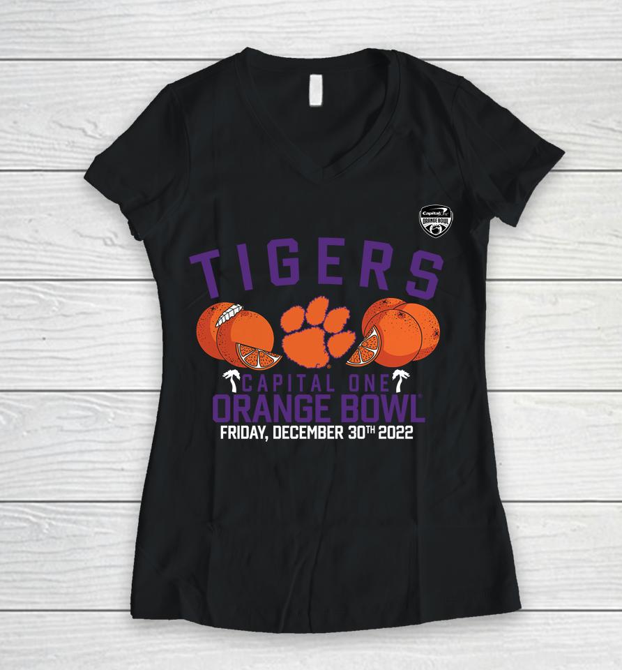 Shop Clemson Ncaa Tigers 2022 Orange Bowl Gameday Stadium Women V-Neck T-Shirt