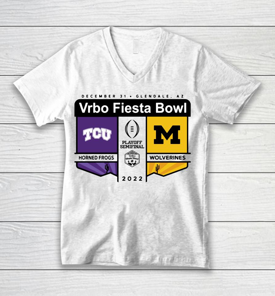 Shop Fiesta Bowl Tcu Vs Michigan Vrbo Fiesta Bowl Matchup Unisex V-Neck T-Shirt
