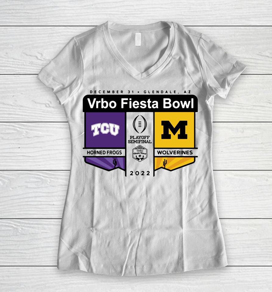 Shop Fiesta Bowl Tcu Vs Michigan Vrbo Fiesta Bowl Matchup Women V-Neck T-Shirt