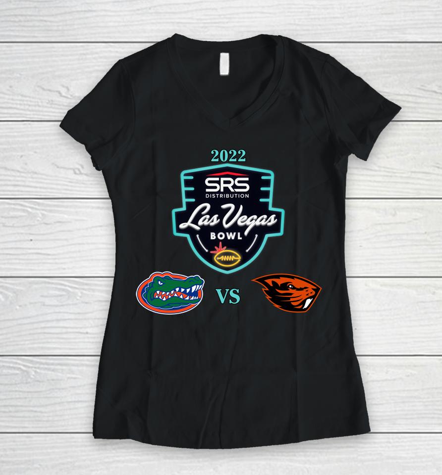 Shop Las Vegas Bowl 2023 Oregon State Beavers Vs Florida Gators Matchup Women V-Neck T-Shirt