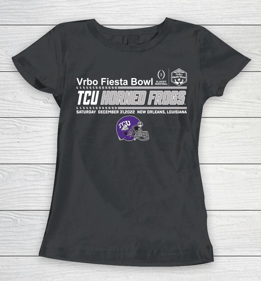 Shop Semifinal Purple Vrbo Fiesta Bowl Tcu Team Helmet Women T-Shirt