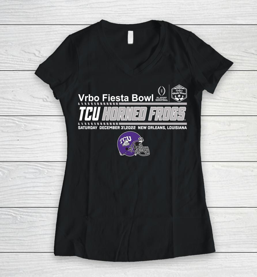Shop Semifinal Purple Vrbo Fiesta Bowl Tcu Team Helmet Women V-Neck T-Shirt
