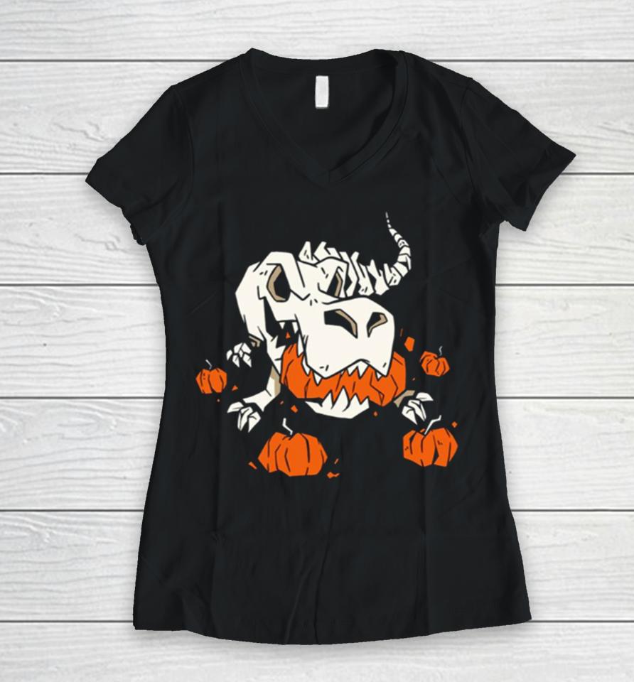 Skeleton Dinosaur Halloween Women V-Neck T-Shirt