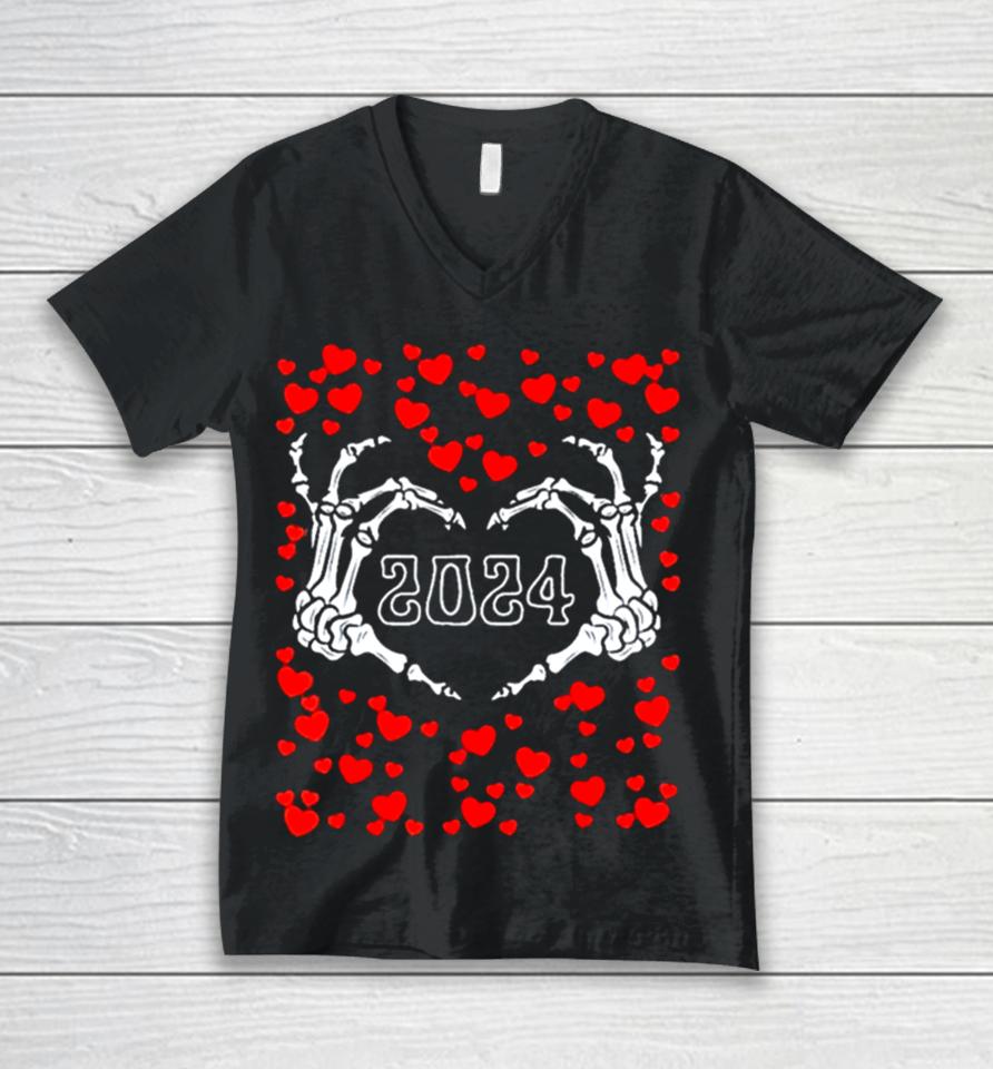 Skeleton Hand Heart Valentines Day Funny 2024 Heart’s Unisex V-Neck T-Shirt