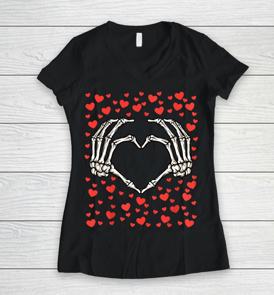 Skeleton Hand Red Heart Valentines Day Bones Love Birthday Women V-Neck T-Shirt