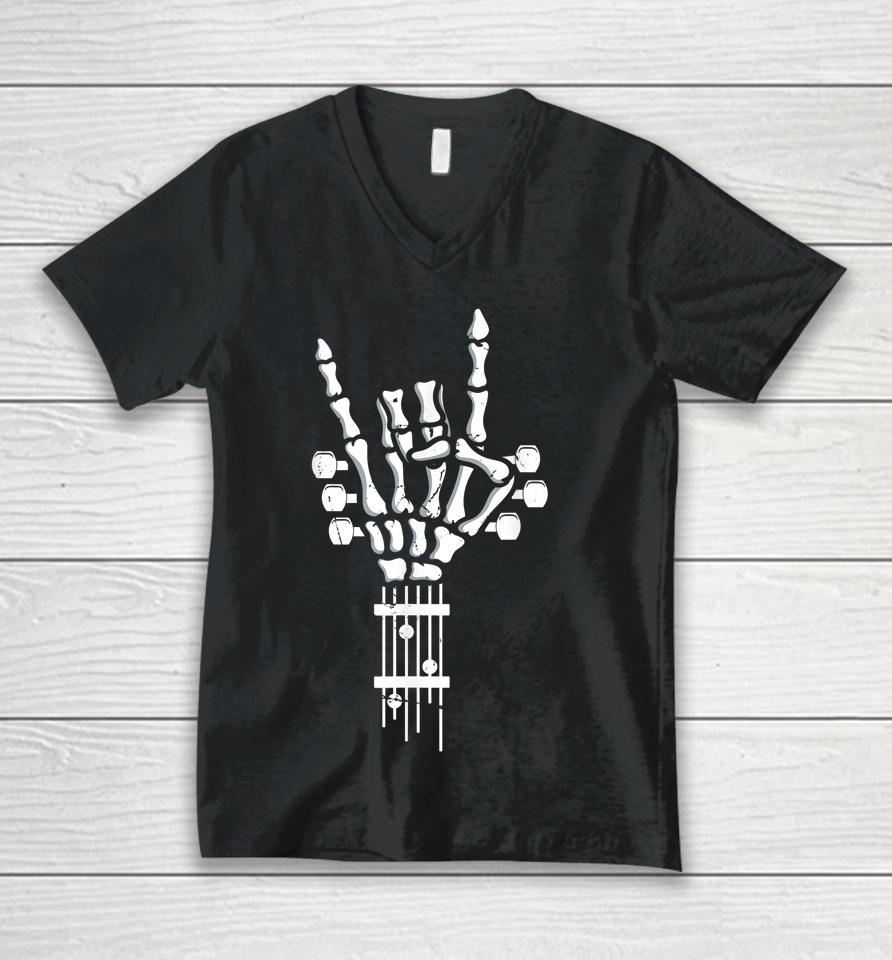 Skeleton Hand Rock Guitar Punk Bass Unisex V-Neck T-Shirt