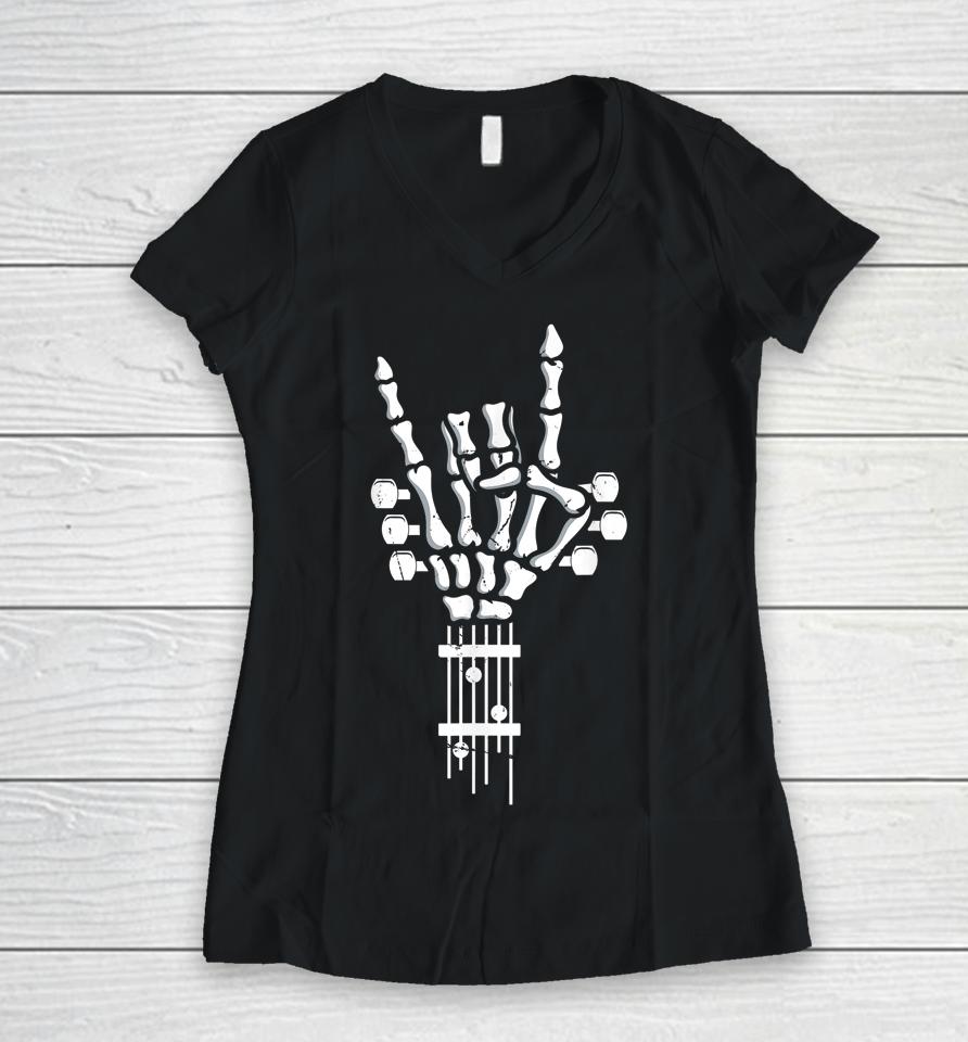 Skeleton Hand Rock Guitar Punk Bass Women V-Neck T-Shirt