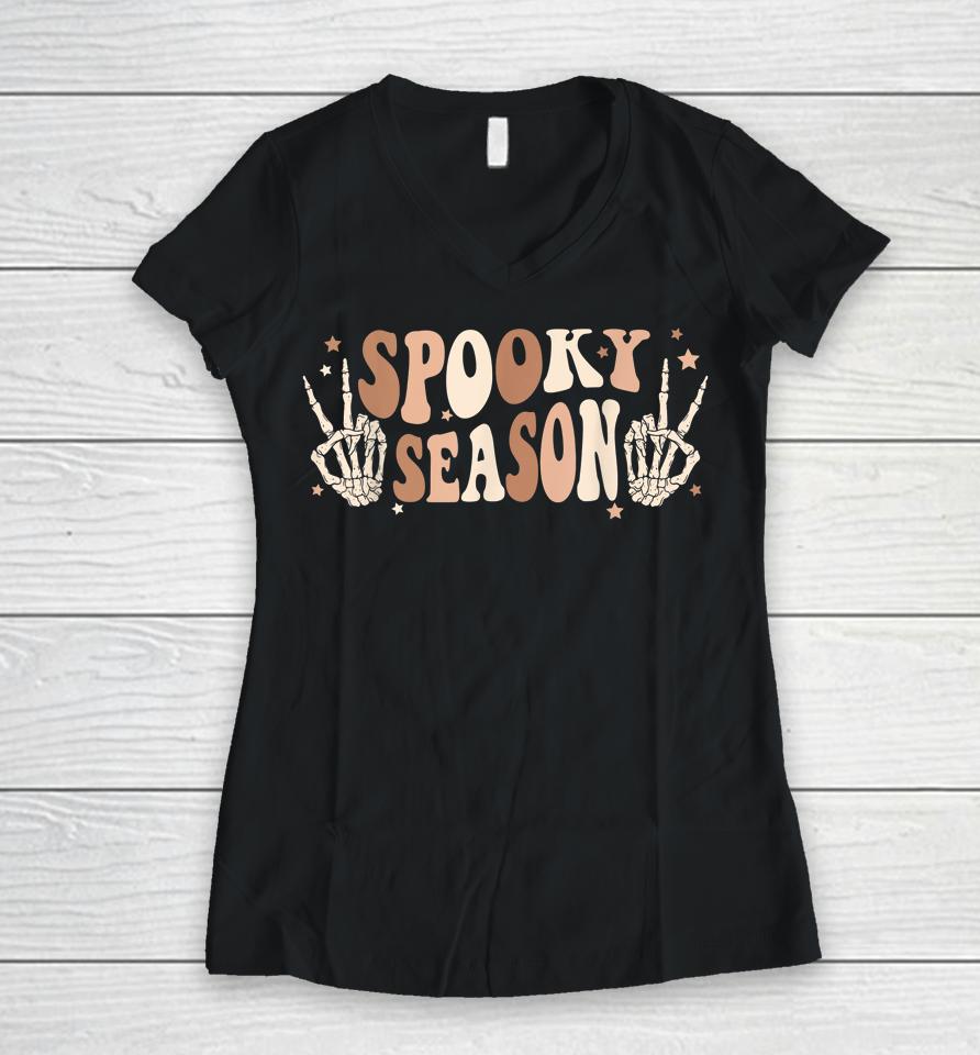 Skeleton Hand Spooky Season Halloween Women V-Neck T-Shirt