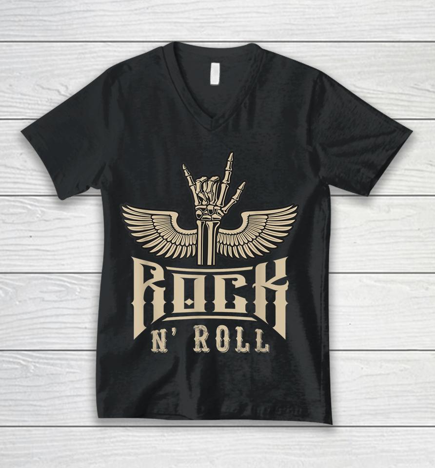 Skeleton Hand With Wings Rock N Roll Music Unisex V-Neck T-Shirt
