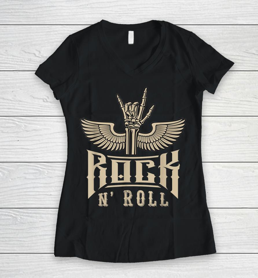 Skeleton Hand With Wings Rock N Roll Music Women V-Neck T-Shirt