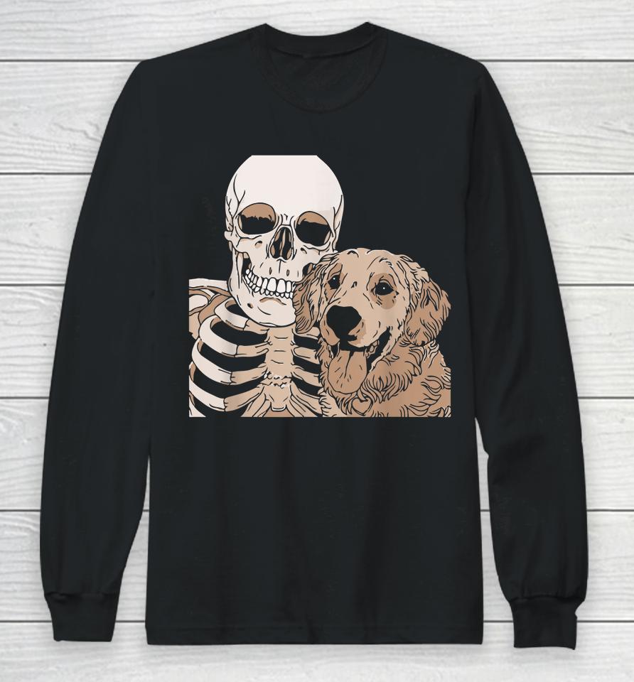 Skeleton Holding A Dog Shirt Lazy Halloween Costume Skull Long Sleeve T-Shirt