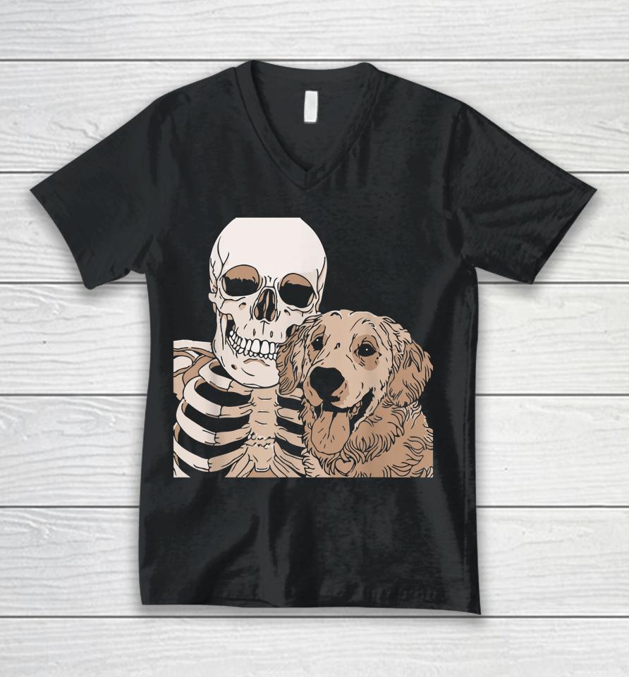 Skeleton Holding A Dog Shirt Lazy Halloween Costume Skull Unisex V-Neck T-Shirt