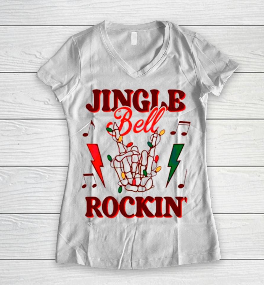 Skeleton Jingle Bell Rockin Retro Christmas Women V-Neck T-Shirt