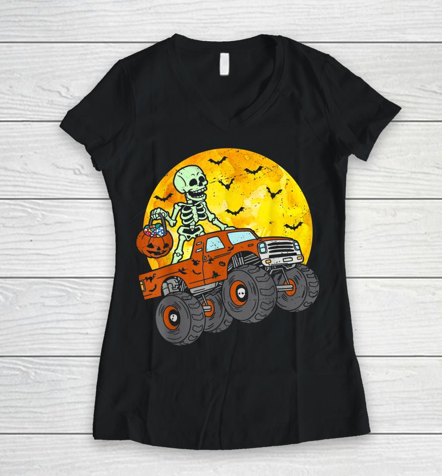 Skeleton Monster Truck Moon Candy Toddler Boys Halloween Women V-Neck T-Shirt