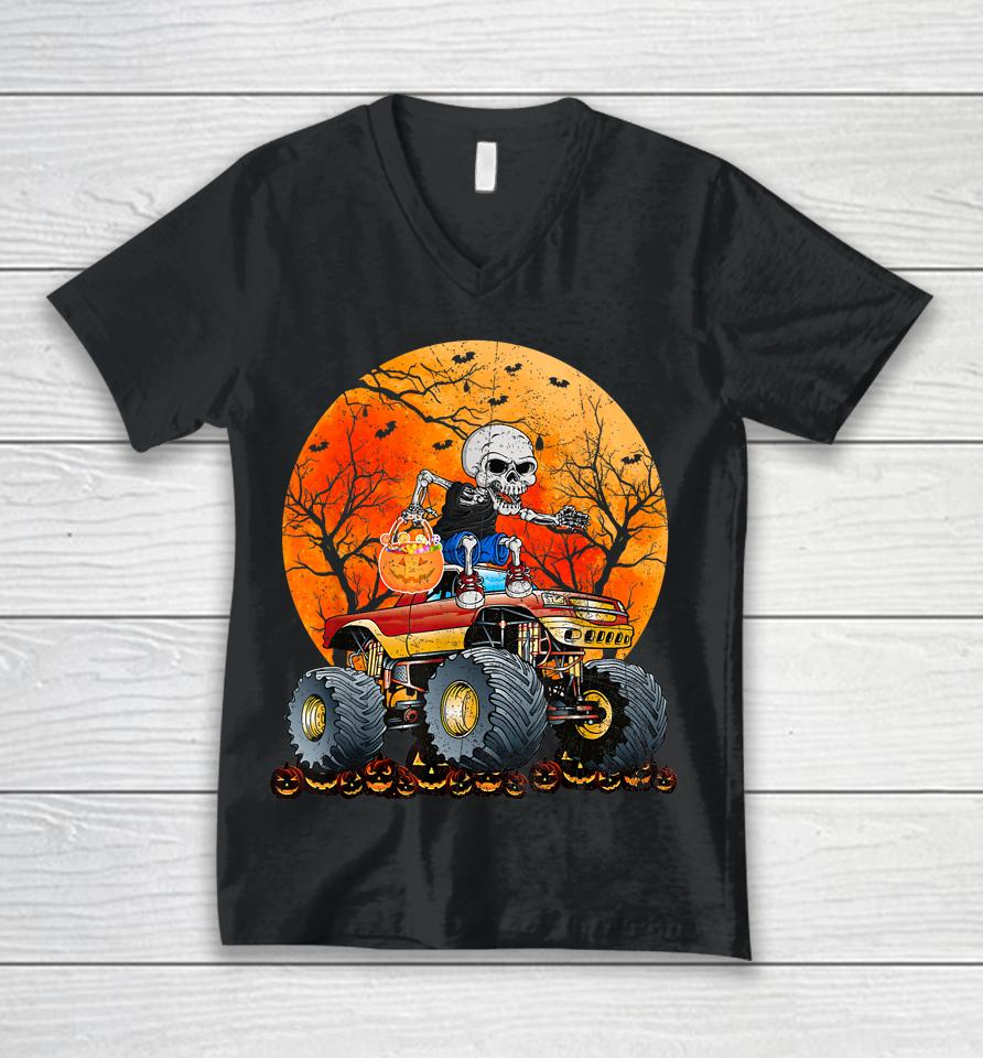 Skeleton Monster Truck Moon Candy Toddler Boys Halloween Unisex V-Neck T-Shirt