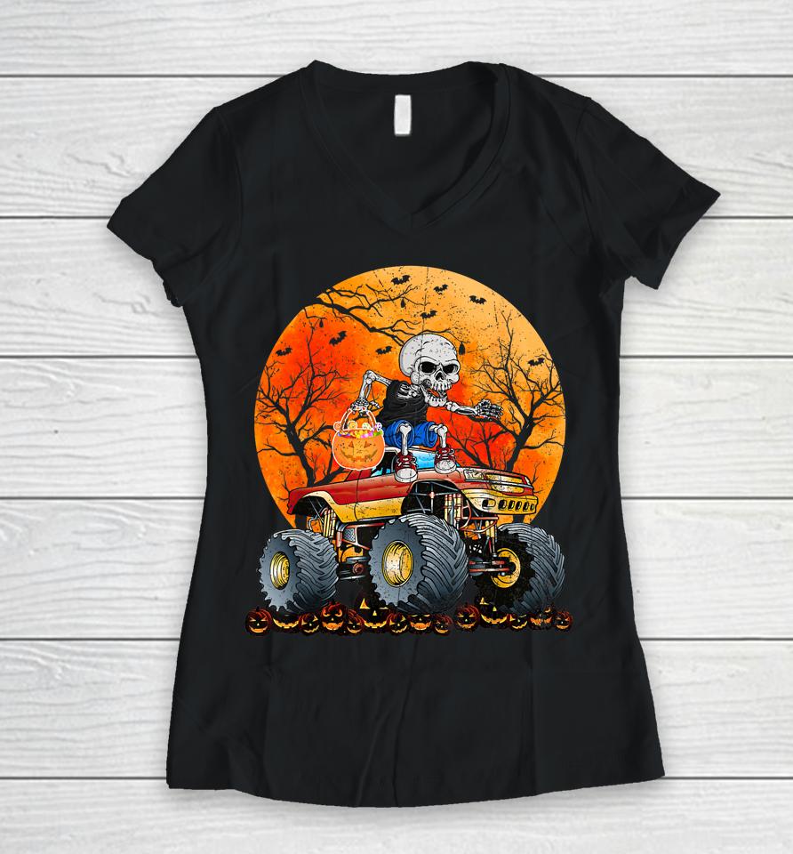 Skeleton Monster Truck Moon Candy Toddler Boys Halloween Women V-Neck T-Shirt