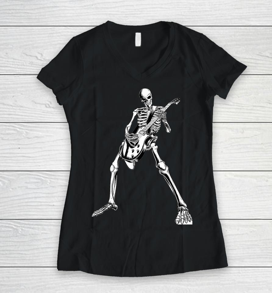 Skeleton Playing Guitar Women V-Neck T-Shirt