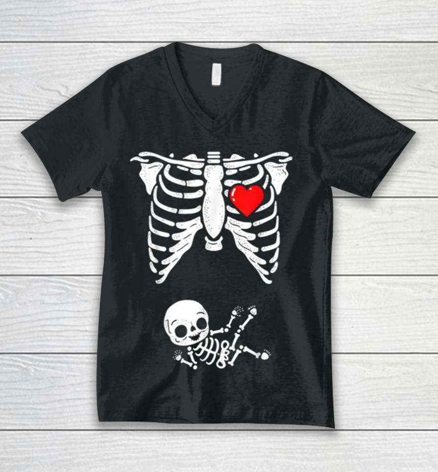 Skeleton Pregnancy Announcement Xray Halloween Unisex V-Neck T-Shirt