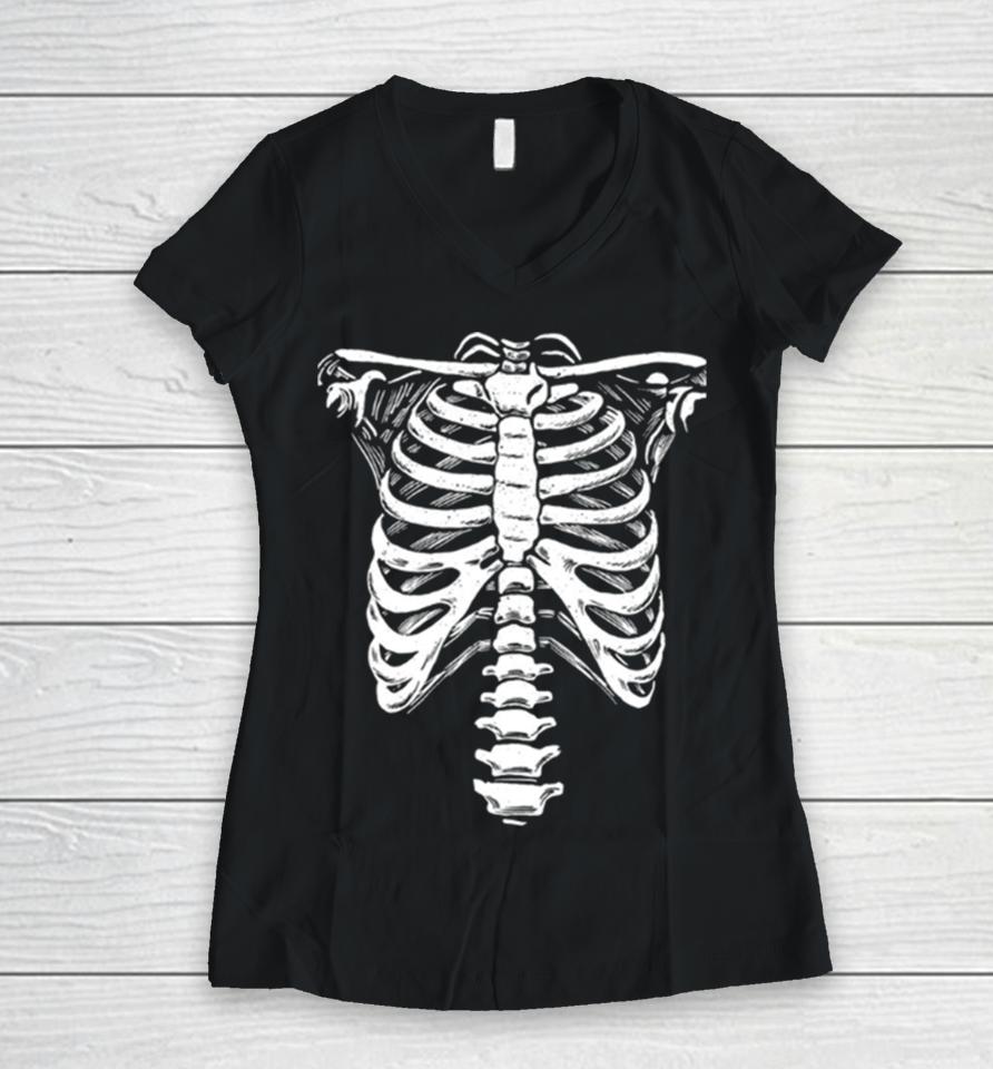 Skeleton Rib Cage Jumbo Print Novelty Halloween Women V-Neck T-Shirt
