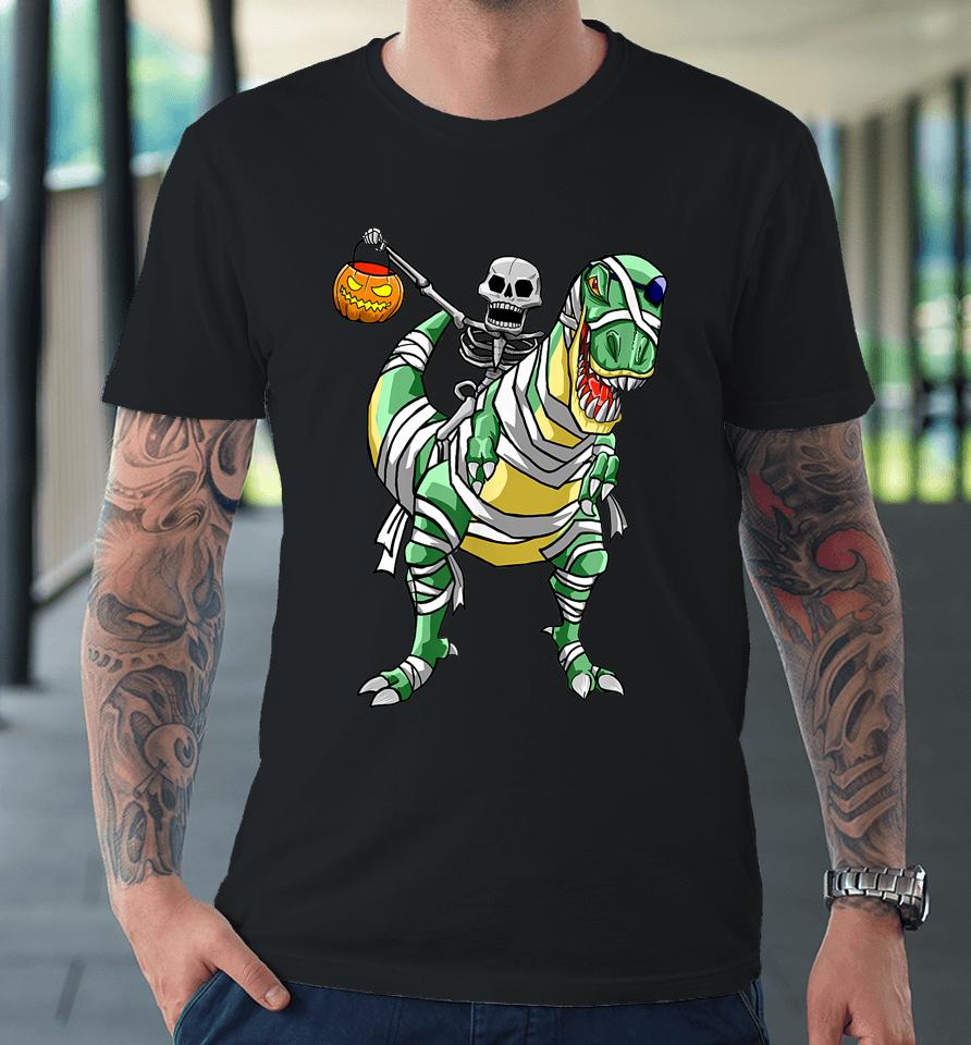 Skeleton Riding Mummy Dinosaur T Rex Halloween Funny Pumpkin Premium T-Shirt