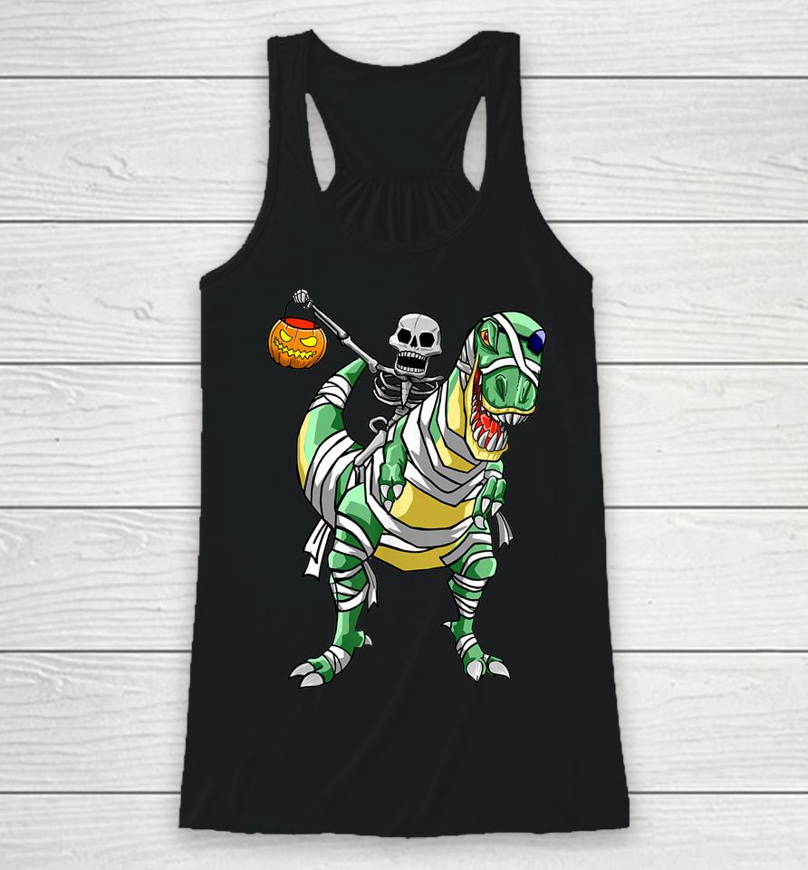 Skeleton Riding Mummy Dinosaur T Rex Halloween Funny Pumpkin Racerback Tank