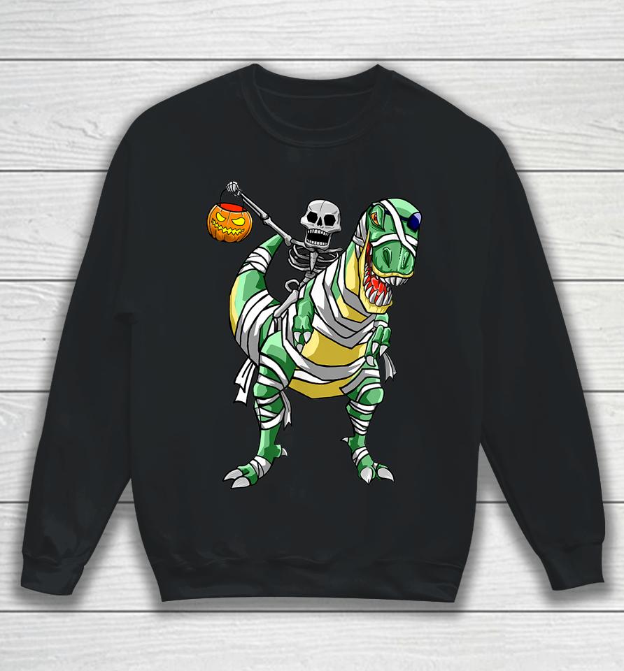 Skeleton Riding Mummy Dinosaur T Rex Halloween Funny Pumpkin Sweatshirt