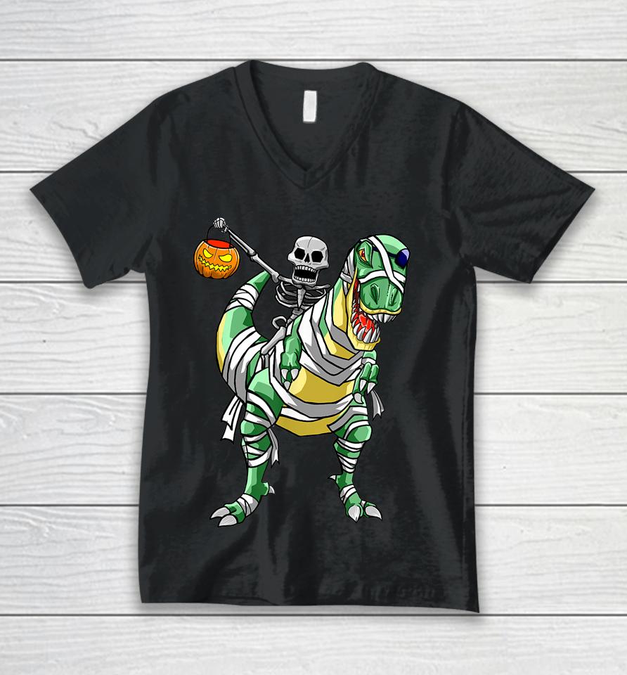Skeleton Riding Mummy Dinosaur T Rex Halloween Funny Pumpkin Unisex V-Neck T-Shirt