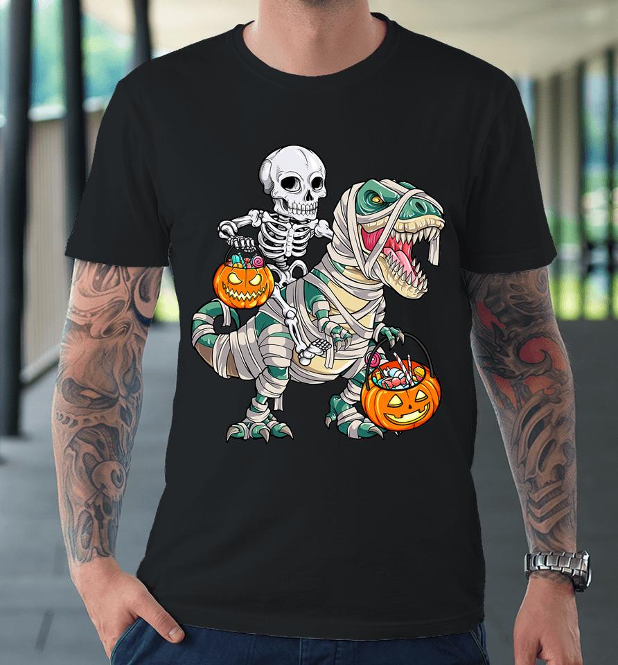 Skeleton Riding Mummy Dinosaur T Rex Halloween Funny Pumpkin Premium T-Shirt
