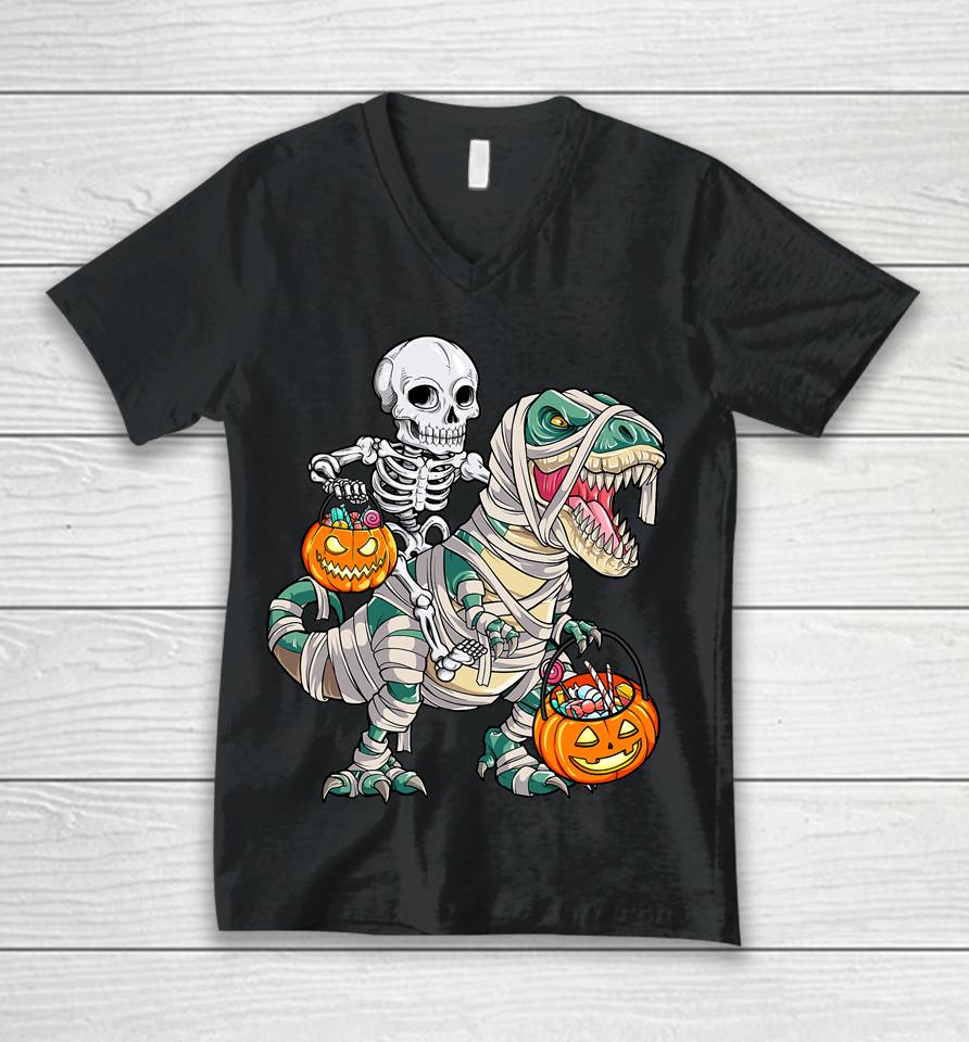 Skeleton Riding Mummy Dinosaur T Rex Halloween Funny Pumpkin Unisex V-Neck T-Shirt