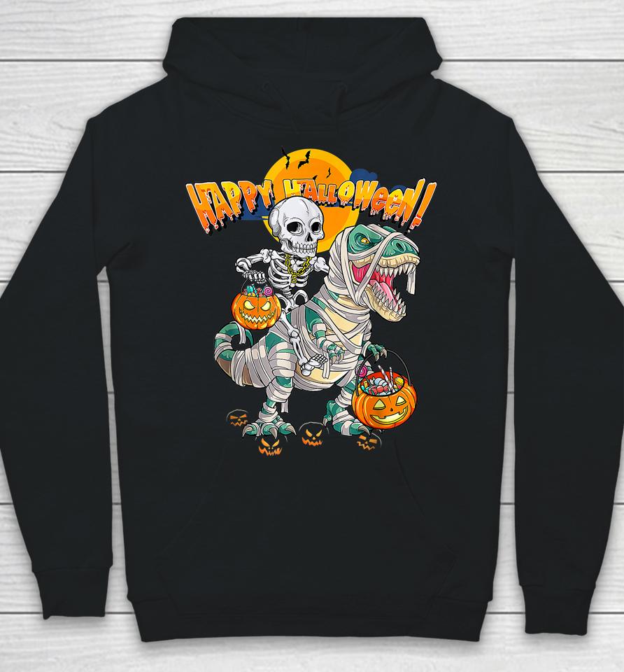 Skeleton Riding Mummy Dinosaur T Rex Halloween Funny Pumpkin Hoodie