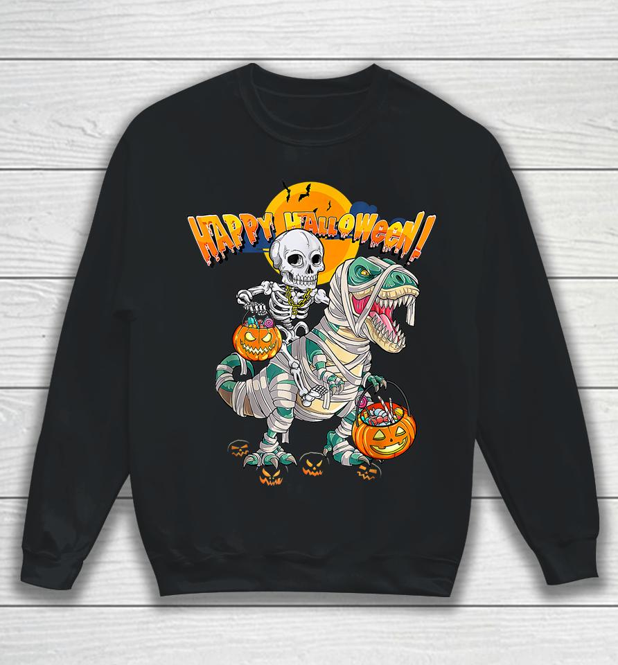 Skeleton Riding Mummy Dinosaur T Rex Halloween Funny Pumpkin Sweatshirt