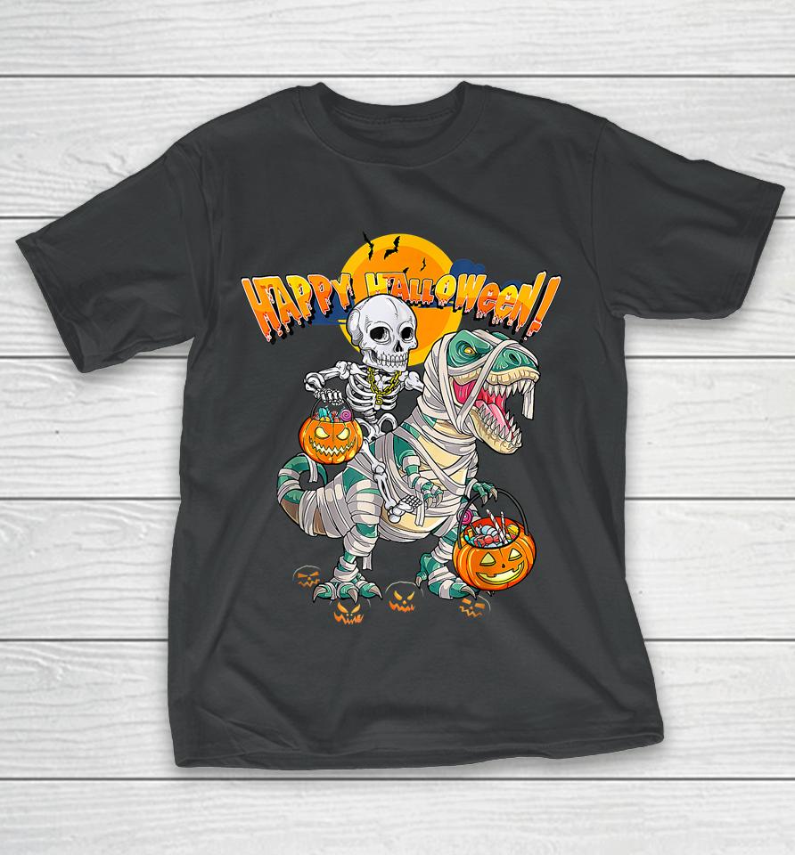 Skeleton Riding Mummy Dinosaur T Rex Halloween Funny Pumpkin T-Shirt