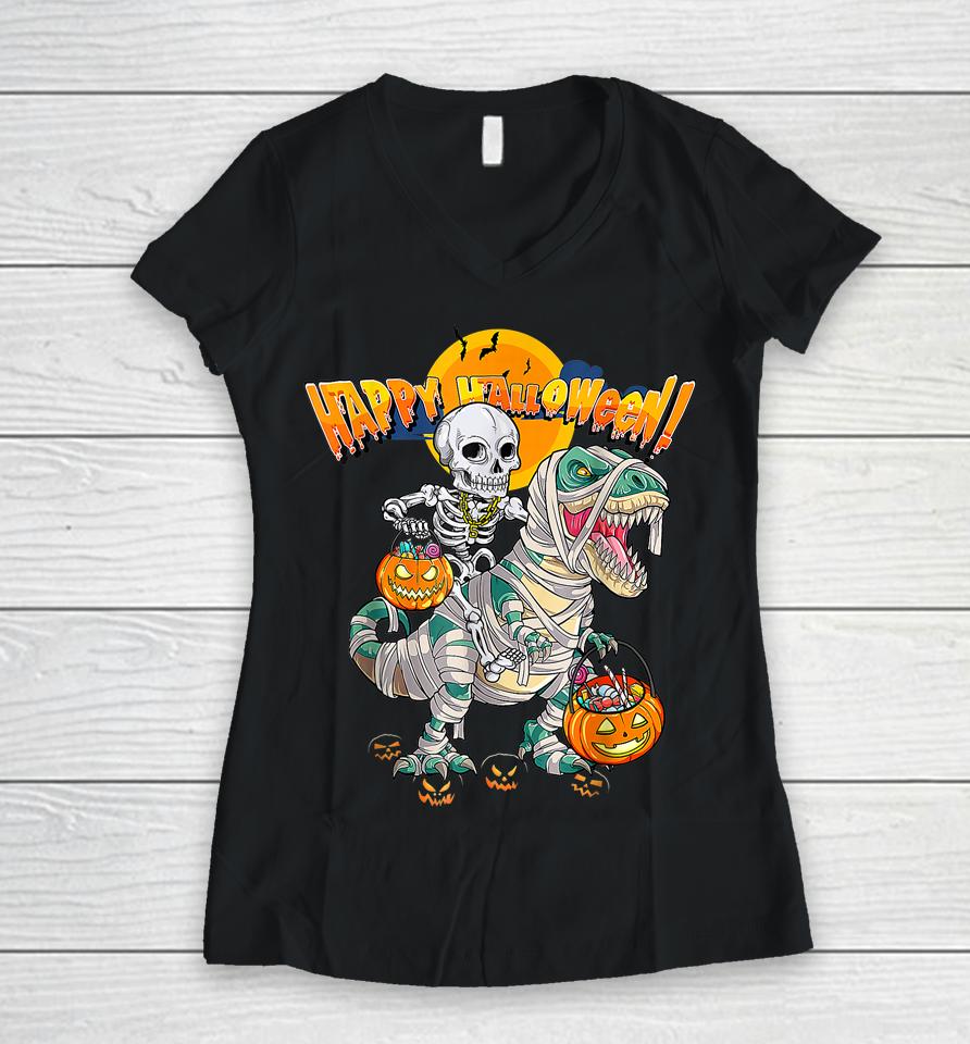 Skeleton Riding Mummy Dinosaur T Rex Halloween Funny Pumpkin Women V-Neck T-Shirt
