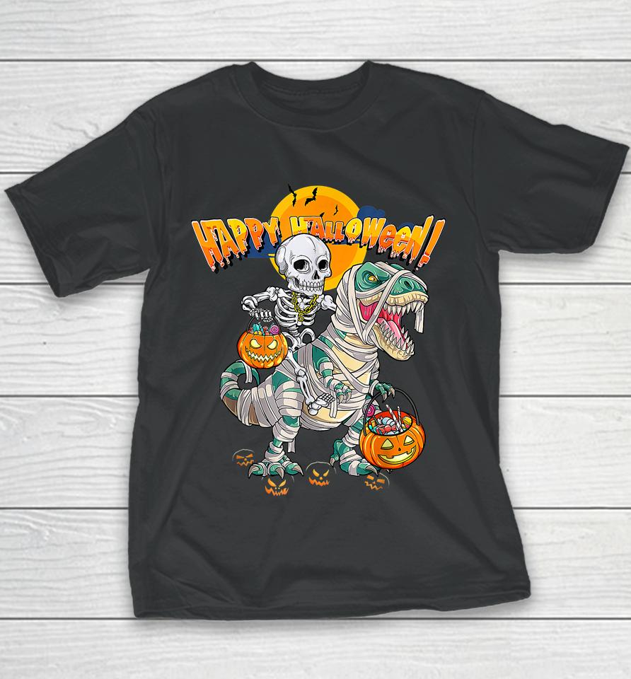 Skeleton Riding Mummy Dinosaur T Rex Halloween Funny Pumpkin Youth T-Shirt