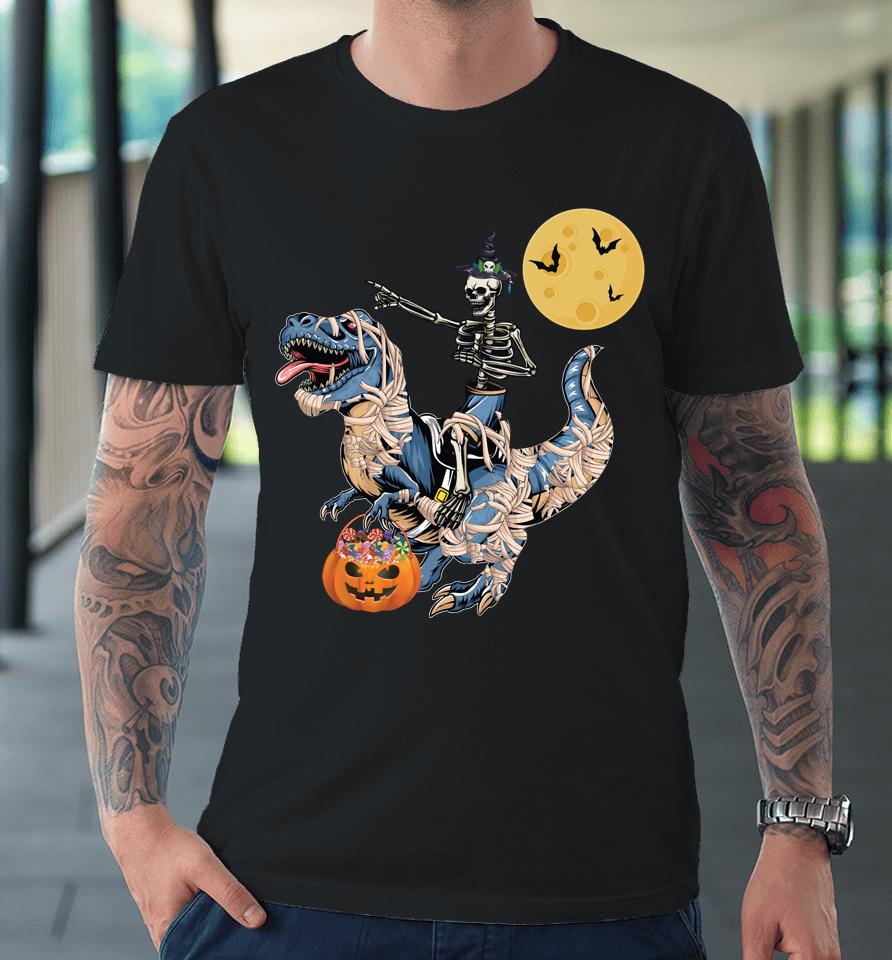 Skeleton Riding Mummy Dinosaur T Rex Halloween Premium T-Shirt