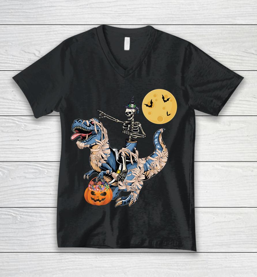 Skeleton Riding Mummy Dinosaur T Rex Halloween Unisex V-Neck T-Shirt