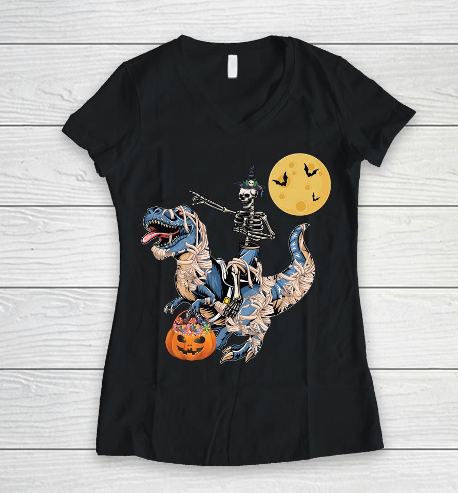 Skeleton Riding Mummy Dinosaur T Rex Halloween Women V-Neck T-Shirt