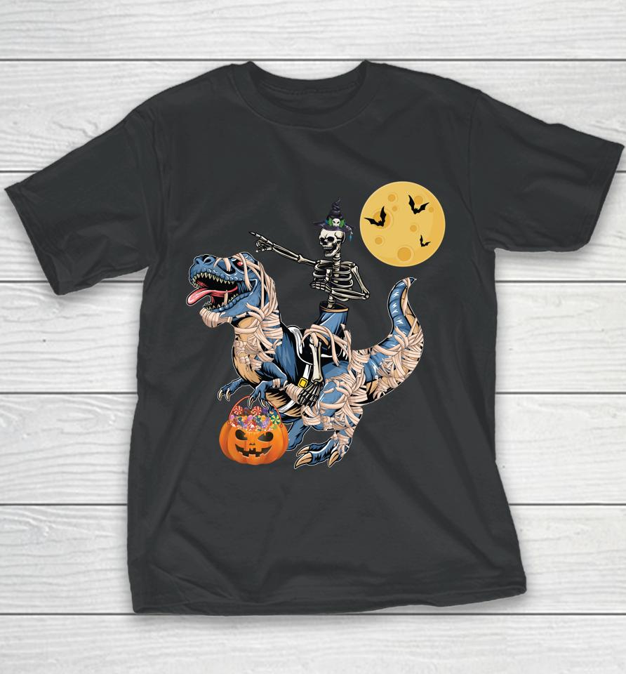 Skeleton Riding Mummy Dinosaur T Rex Halloween Youth T-Shirt
