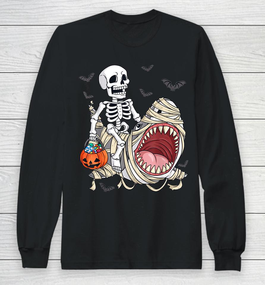 Skeleton Riding Mummy Shark Funny Halloween Pumpkin Long Sleeve T-Shirt
