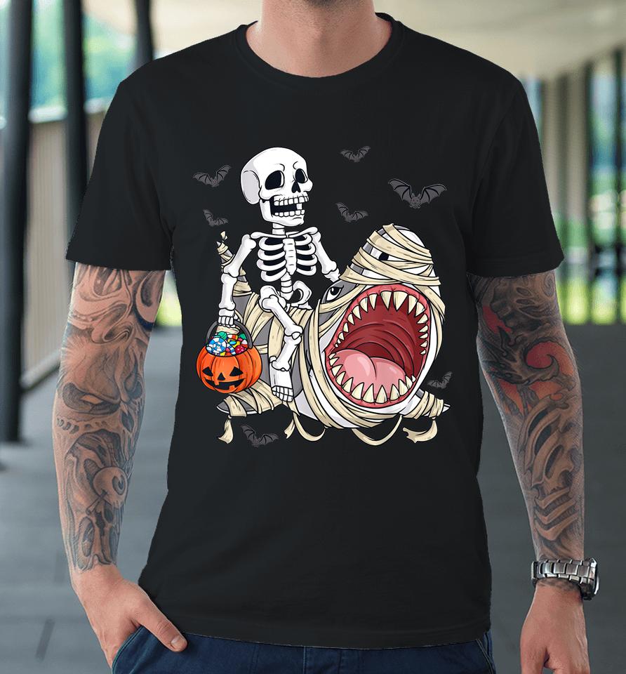 Skeleton Riding Mummy Shark Funny Halloween Pumpkin Premium T-Shirt