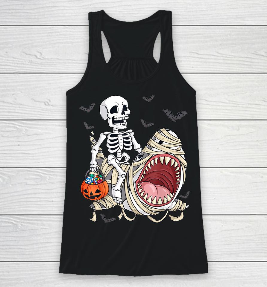 Skeleton Riding Mummy Shark Funny Halloween Pumpkin Racerback Tank