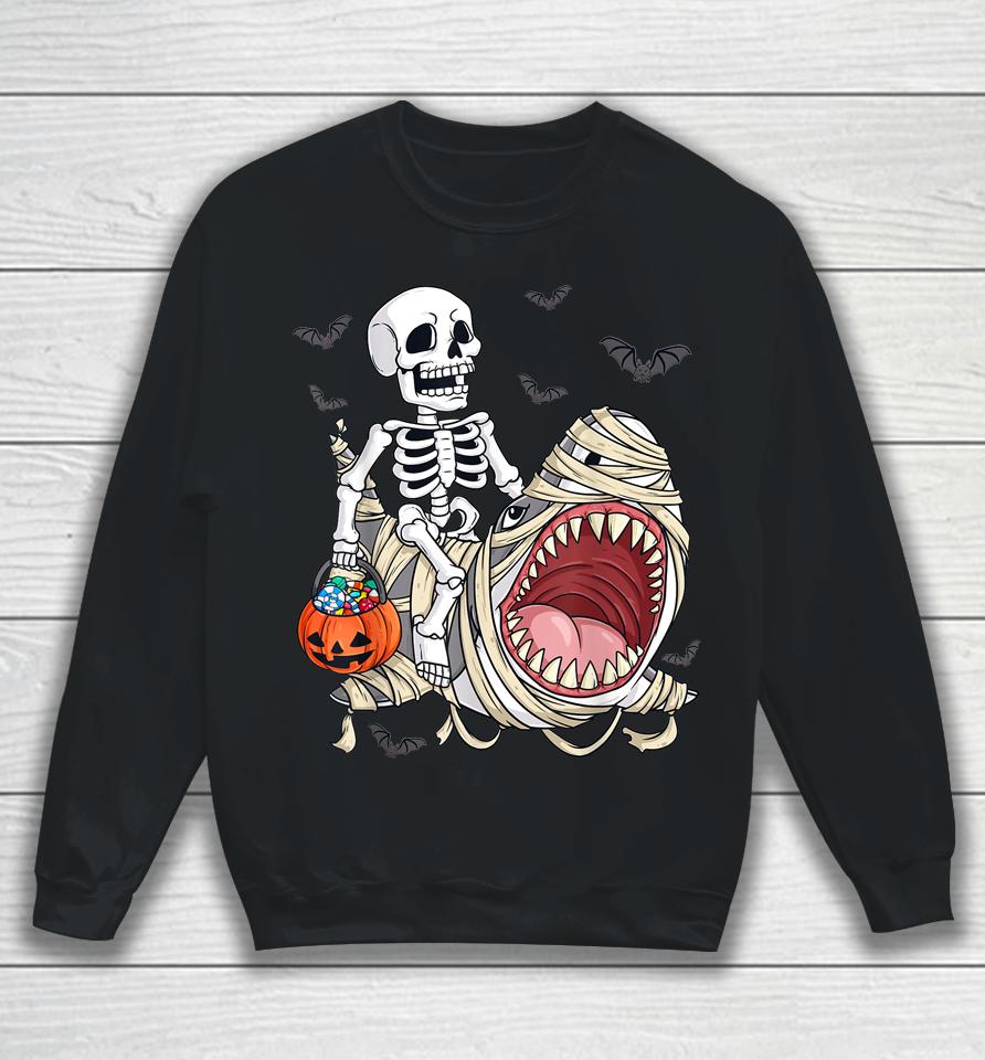 Skeleton Riding Mummy Shark Funny Halloween Pumpkin Sweatshirt