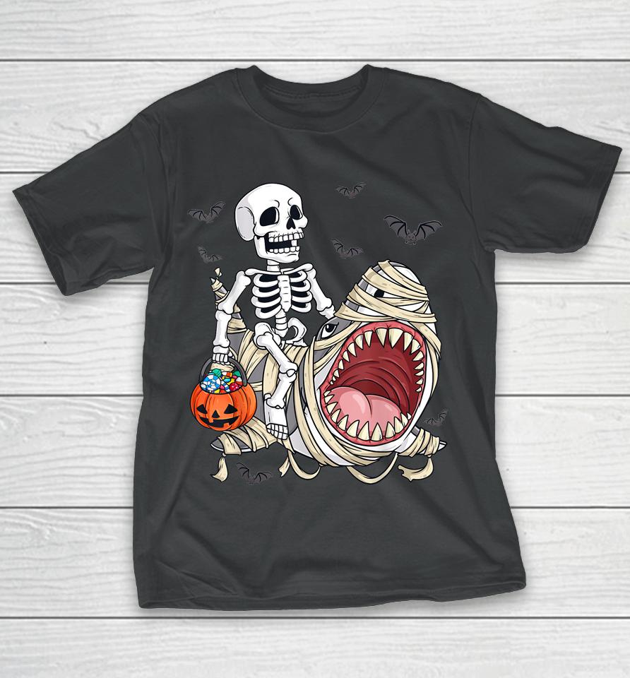 Skeleton Riding Mummy Shark Funny Halloween Pumpkin T-Shirt
