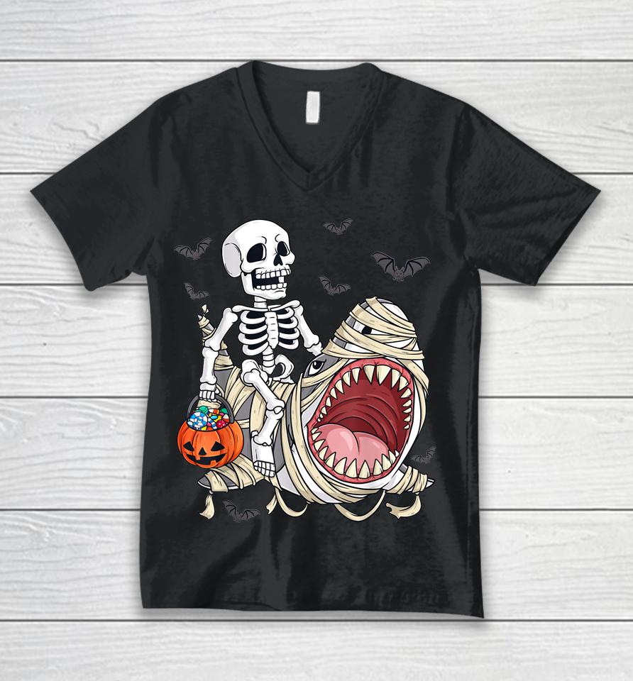 Skeleton Riding Mummy Shark Funny Halloween Pumpkin Unisex V-Neck T-Shirt