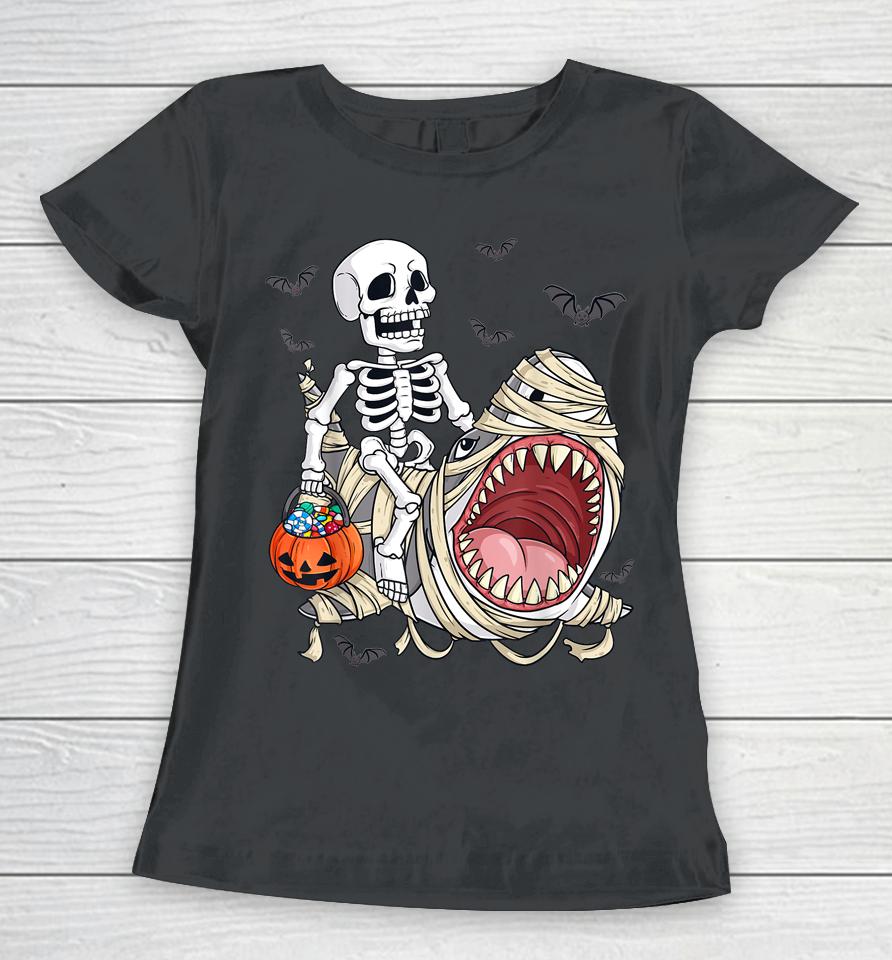 Skeleton Riding Mummy Shark Funny Halloween Pumpkin Women T-Shirt